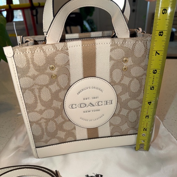 Coach small Beige Signature Jacquard Cream Leather Stripe Dempsey 22 Satchel - Picture 13 of 15